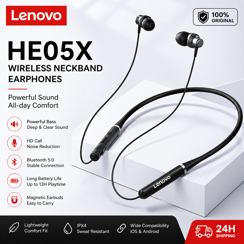 Magnetic Neckband Sports Earphones - 100% originales Lenovo HE05X, auriculares Bluetooth,